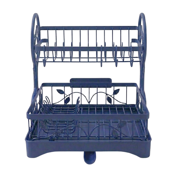 Two-Tier Metal Dish Drying Rack with Drain Board and Cup Holders