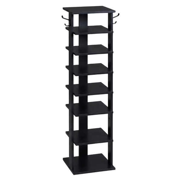 8 Tier Vertical Shoe Rack Narrow Wooden Storage with Side Hooks