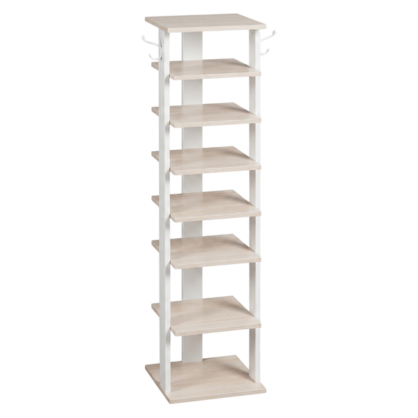8 Tier Vertical Shoe Rack Narrow Wooden Storage with Side Hooks