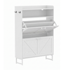 Slim Shoe Cabinet with 2 Flip Drawers, Top Surface, and Side Hooks