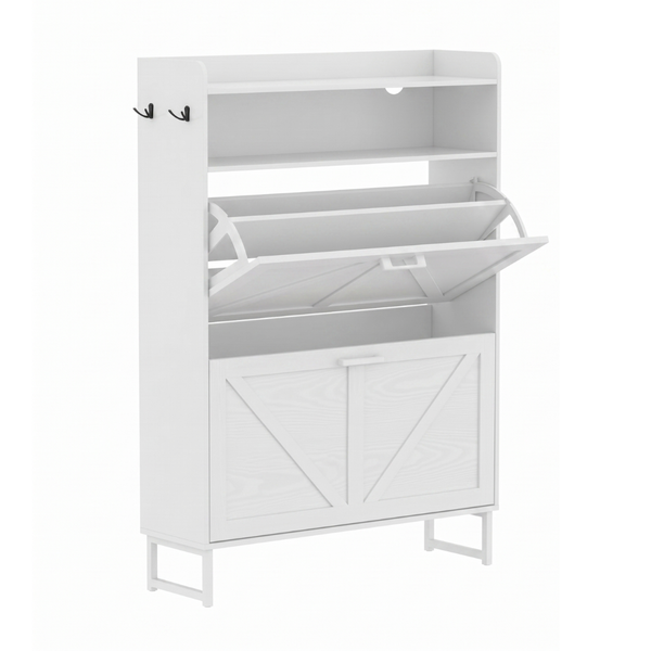 Slim Shoe Cabinet with 2 Flip Drawers, Top Surface, and Side Hooks