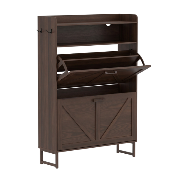 Slim Shoe Cabinet with 2 Flip Drawers, Top Surface, and Side Hooks