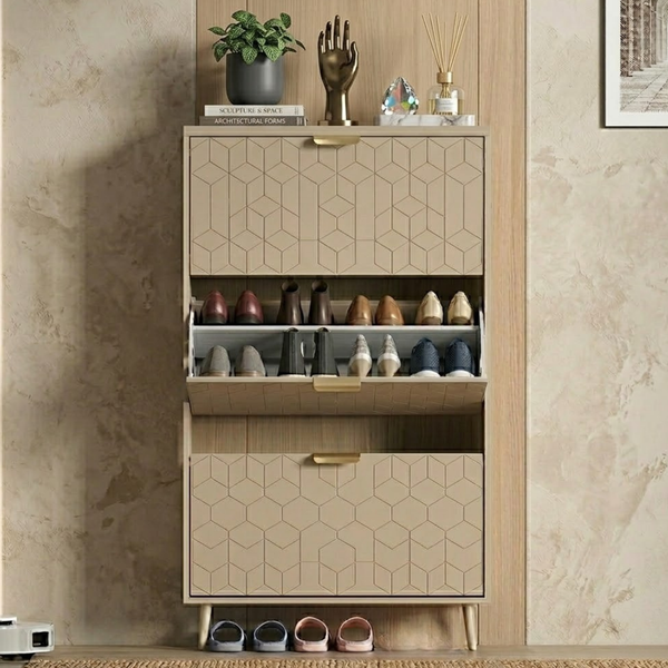 3-Drawer Slim Shoe Cabinet with Flip Compartments and Top Surface